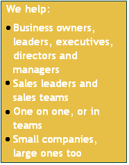 We help business owners, leaders, executives, directors, managers, sales leaders and teams, one on one or in teams, small companies and large ones too.
